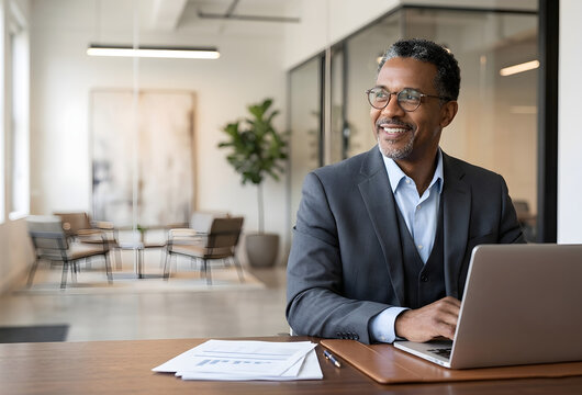 Businessman in modern office workspace &ndash; Professional executive in suit with glasses, laptop, and papers at desk, highlighting corporate leadership, organizational efficiency, workplace privileges