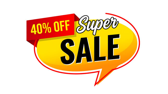 Vibrant yellow and red super sale banner with bold text and 40 off tag isolated on transparent background