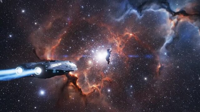 Futuristic spaceship encounters a mysterious figure against a backdrop of a colorful nebula in space
