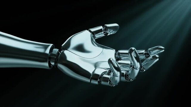 Minimal cybernetic hand gesture emerging from dark background, perfect for AI storytelling, robotics branding, technological evolution themes, and high-end conceptual visuals.