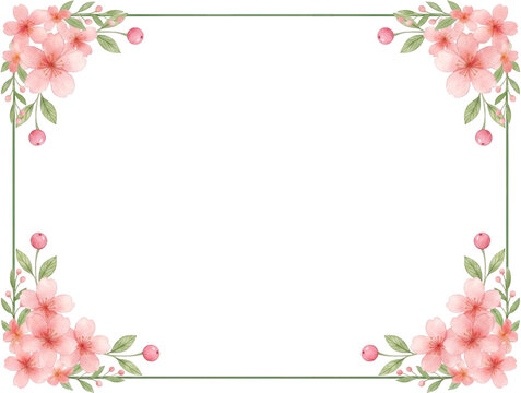 A beautiful watercolor pink cherry blossom rectangular floral frame with dense flower clusters at all four corners isolated on a transparent