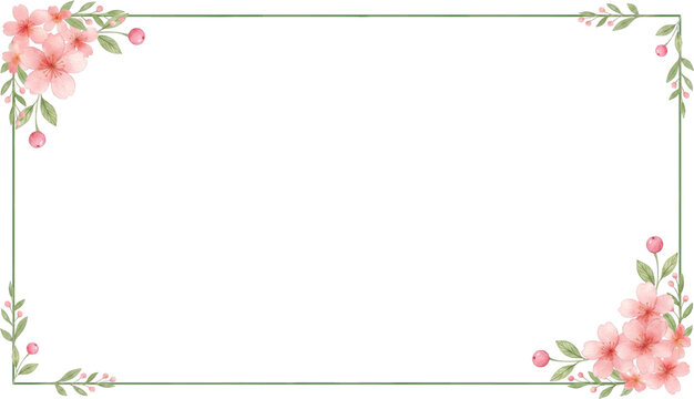 A delicate watercolor pink cherry blossom rectangular floral frame illustration with green leaves and berries isolated on a transparent background.