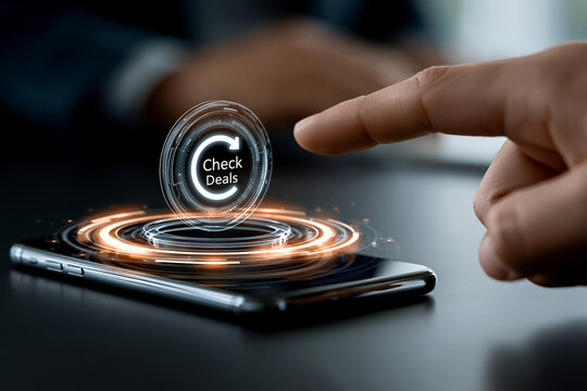 Close-up of Finger Pointing to Check Deals Hologram on Smartphone &ndash; Digital Shopping and Retail Promotion Concept