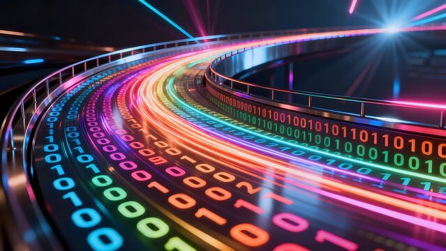 Colorful binary data stream on curved path