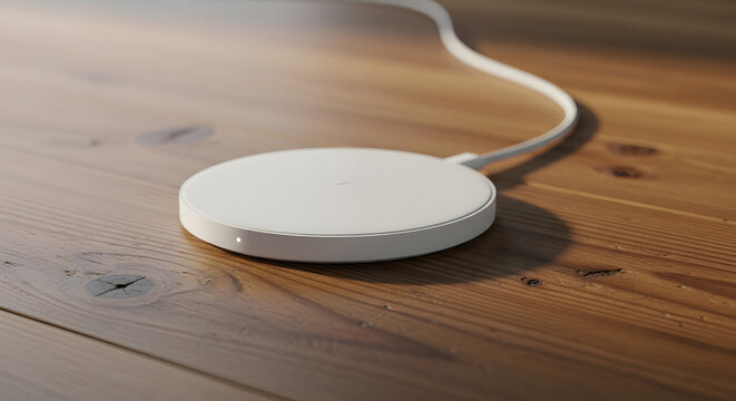 Modern white wireless charger on wooden table. created with generative ai