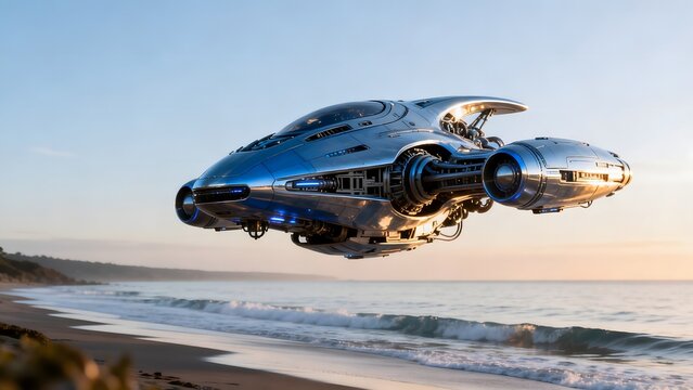 Futuristic spacecraft hovering over beach