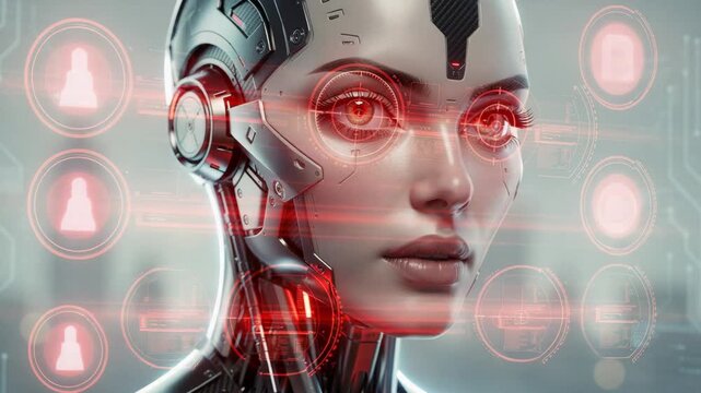 Futuristic female android with glowing red cybernetic eyes scanning digital data streams in a high tech city