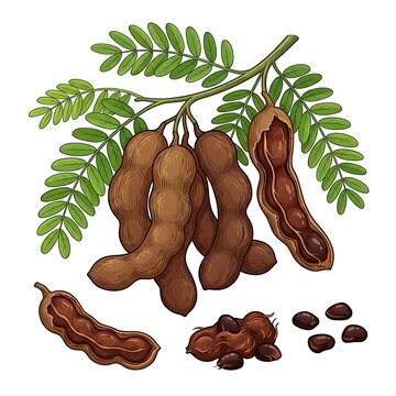 Tamarind fruit and leaves illustration.