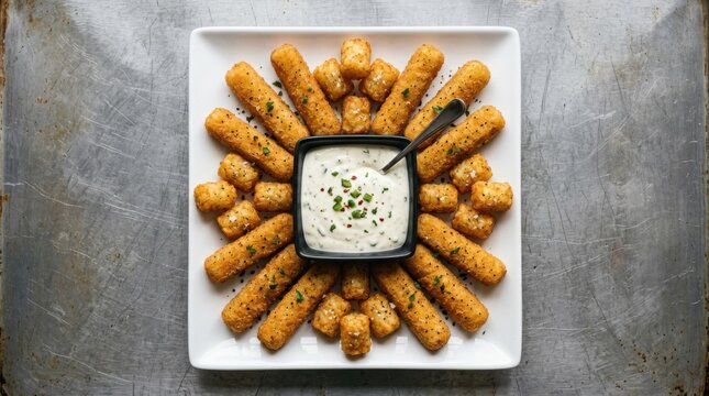 Tasty tater tot bites with creamy dip on white plate