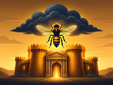 A giant bee hovers ominously over a golden castle under a dark sky.