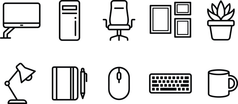 Office Workspace and Equipment Icon Set Featuring Desk Essentials, Computer Accessories, and Furniture