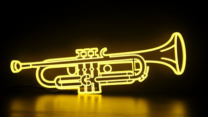 Obraz premium Golden trumpet neon sign glowing on dark background with reflection