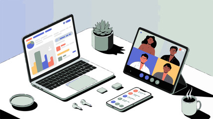 Fototapeta premium Laptop and tablet displaying diverse professional video conference participants for modern remote team collaboration in a clean digital workspace environment