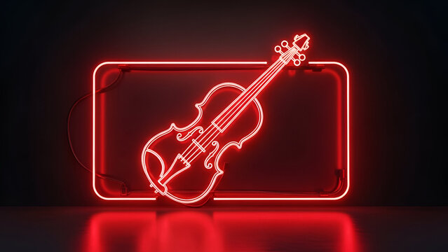 Neon violin sign glowing in dark red illuminated frame
