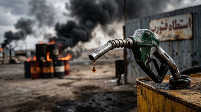Oil fuel pump nozzle dripping liquid with burning barrels and black smoke in background representing energy crisis pollution and industrial disaster in war zone environment Middle East conflict.