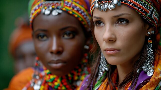 A portrait of two young women wearing vibrant ethnic jewellery provides an atmospheric backdrop for themes of diversity and fashion.