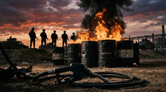 Dramatic Oil War Concept with Soldiers Silhouettes Standing Near Burning Fuel Barrels During Military Conflict and Energy Crisis at Sunset, Featuring Smoke Fire Destruction and War Zone Scenes