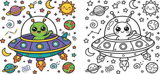 Cute Alien UFO Coloring Book Vector Illustration Featuring Cartoon Space Characters, Flying Saucer, Planets, Stars, and Kids Activity Page Design © Nazrul