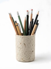 Fototapeta premium A cup holds many different pencils and pens. The items vary in shape and color. The cup sits on a plain surface. This setup is useful for organizing tools for writing or drawing