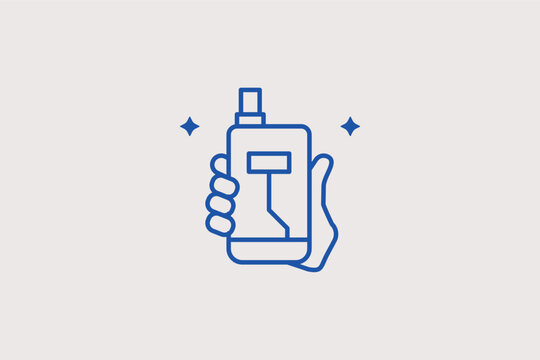Hand holding a modern vape device line icon for electronic cigarette usage. Contemporary vector illustration for smoke shops and vaping community blogs.