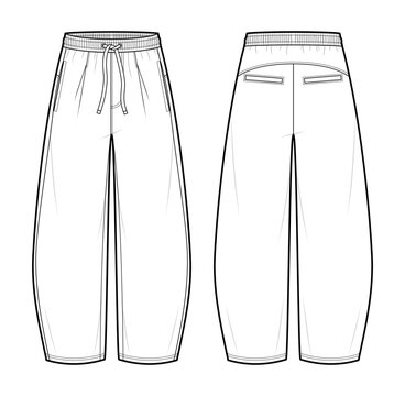 Minimalist welt Barrel Leg Lounge Pants Technical Fashion Illustration. Unisex Sweatpants Vector Template. Front and Back View. Clean Seam Design. Elastic Waistband. Relaxed Fit. CAD Mockup Set.