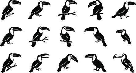 Obraz premium Black and white toucan silhouettes, 16 birds on branches, side profiles animals