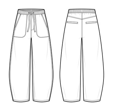 Simple Barrel Leg Lounge Pants Technical Fashion Illustration. Unisex Sweatpants Vector Template. Front and Back View. Side Patch Pockets. Elastic Waistband. Relaxed Fit. CAD Mockup Set.