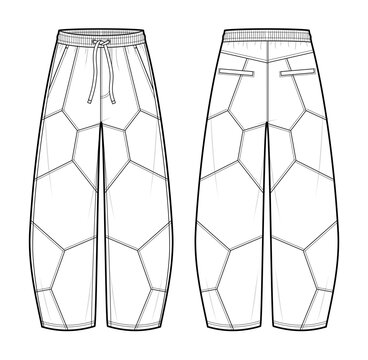 Architectural segmented Panel Barrel Leg Lounge Pants Technical Fashion Illustration. Unisex Trousers Vector Template. Front and Back View. Multi Panel Seam Design. Elastic Waistband. CAD Mockup Set.