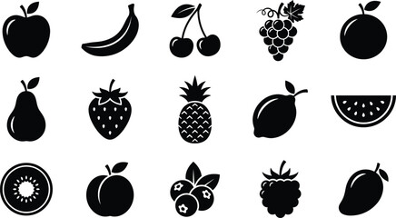 Black silhouette fruit 15 varieties on white background, silhouettes apple © Graphic Shops