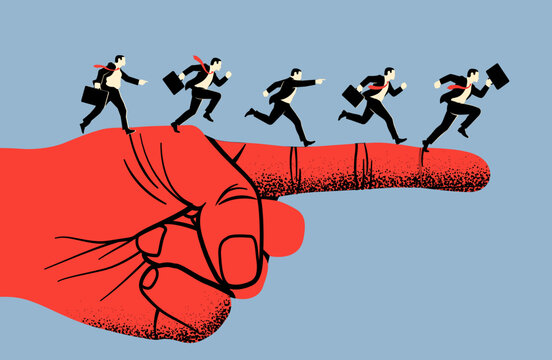 Business direction or government, administration, management concept with running businessmen or clerks on the giant hand pointing the direction. Vector illustration