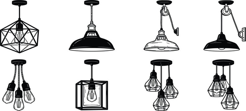 Industrial Pendant Lighting Vector Set Featuring Vintage Ceiling Lamps, Geometric Hanging Fixtures, Edison Bulbs, Modern Chandeliers, and Decorative Interior Illumination Designs