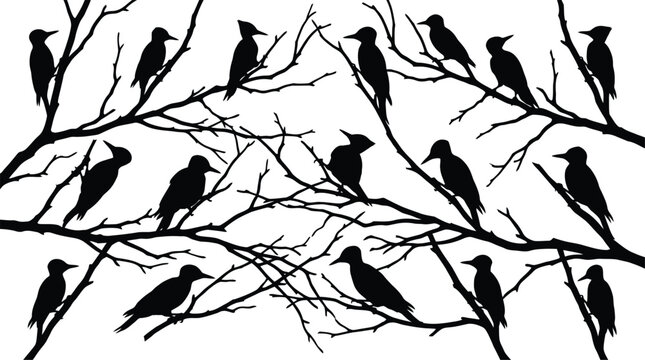 Black silhouettes of birds perched on bare tree branches, white background