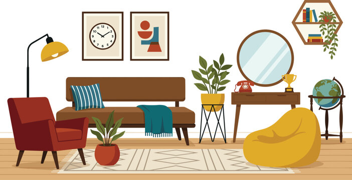 Cozy Retro Mid-Century Modern Living Room Interior with Sofa, Bean Bag, Mirror, Plants, and Decor for Home Design Illustrations