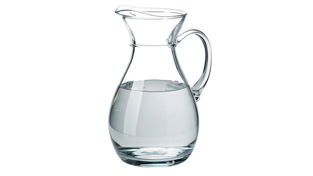 Clear glass pitcher filled with pure fresh water for healthy hydration and dining table service isolated on transparent background