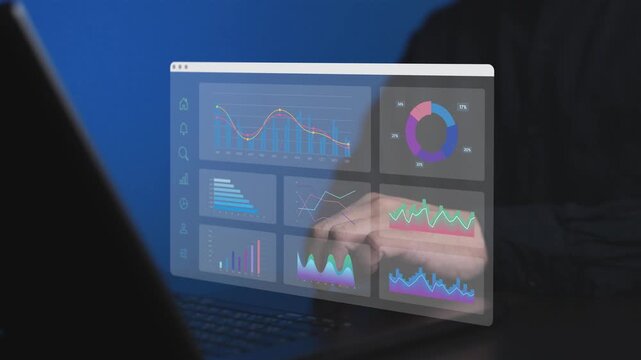 Business intelligence analyst monitoring performance with digital dashboard on laptop. Concept of data visualization, financial analytics, stock market tracking, and strategic corporate growth.