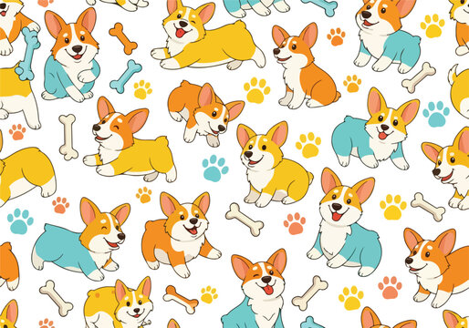Colorful cartoon corgi dogs and bones pattern on white background