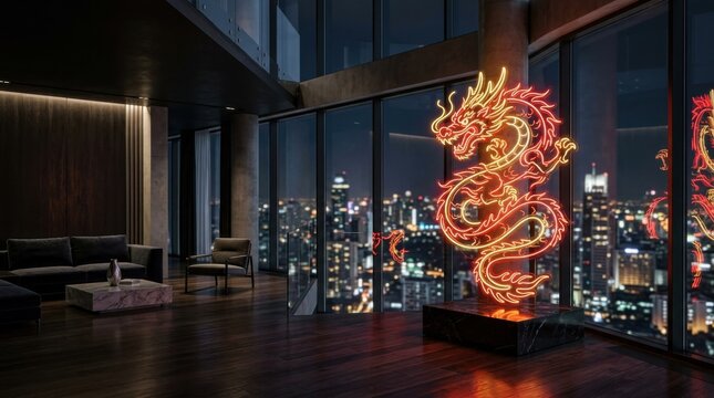 Luxury Penthouse Interior at Night Featuring Glowing Neon Dragon Sculpture and City Skyline View, Modern Apartment Website Banner with Hero Header Design Space