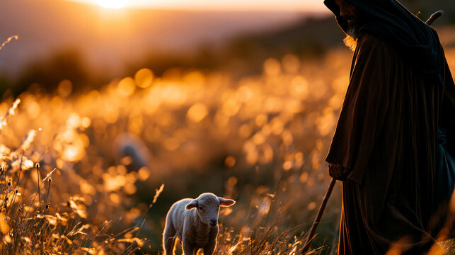 Cinematic back view silhouette of a robed shepherd figure searching for a softly defocused lost lamb in a bright golden hillside at sunset lost lamb searching shepherd back