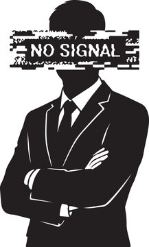 Man in suit with 'no signal' glitch over face, no signal