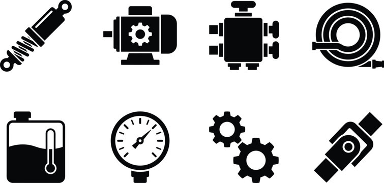 Mechanical Engineering and Automotive Parts Icon Set Featuring Shock Absorber, Electric Motor, Hydraulic Valve, Industrial Hose, Oil Tank, Pressure Gauge, Gears, and Universal Joint Symbols.