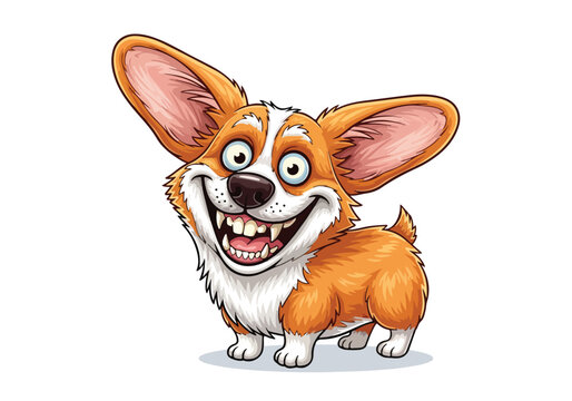 Smiling cartoon corgi with big ears and happy expression on white background