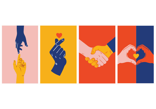 Diverse hand gestures of love and connection, heart symbol, handshake, finger heart, and touching hands illustration