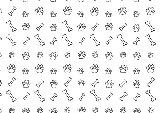 Seamless pattern of dog paw prints and bones on white background