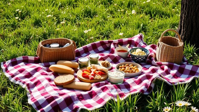 Cozy summer picnic scene on a red checkered blanket with wicker baskets, bread, fruit, drinks, and meadow flowers in soft natural daylight.