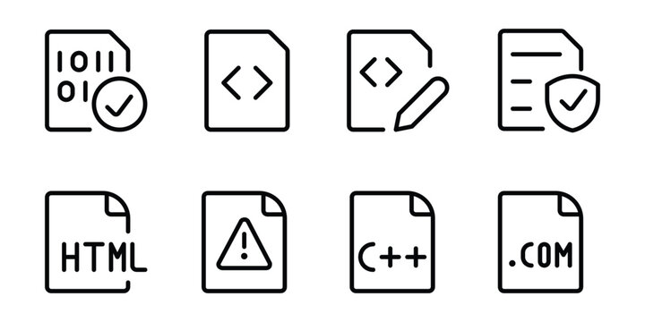Collection of minimalist document icons visualizing actions like sharing, cloud storage, security, search, payment, viewing, deletion, web development, user association, programming, and stacking
