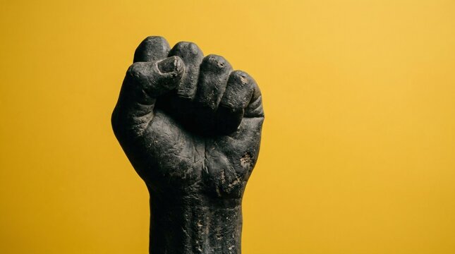 Raised fist sculpture on yellow background. Symbolic hand gesture for protest, power, unity and resistance. Concept of political activism, social justice movement and human rights equality.