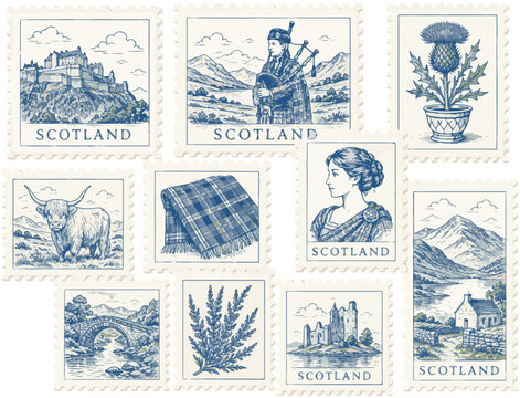 Vintage Scotland postage stamp collection, blue ink hand drawn Scottish icons vector set, traditional cultural symbols with bagpiper and highland cow, antique travel souvenir illustrations