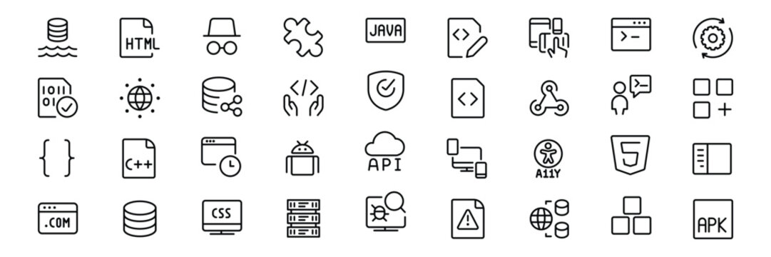 Set of flat design web development and programming icons on a white background