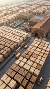 Aerial View of Lumberyard with Stacks of Wood and Industrial Buildings