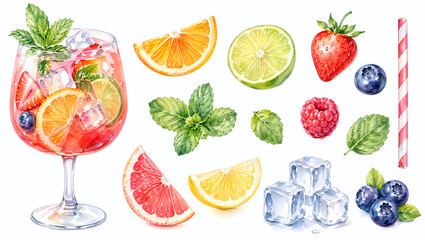 Naklejka premium Watercolor summer cocktail clipart set with fruit slices and berries. Illustration isolated on white background for bar menu and party design